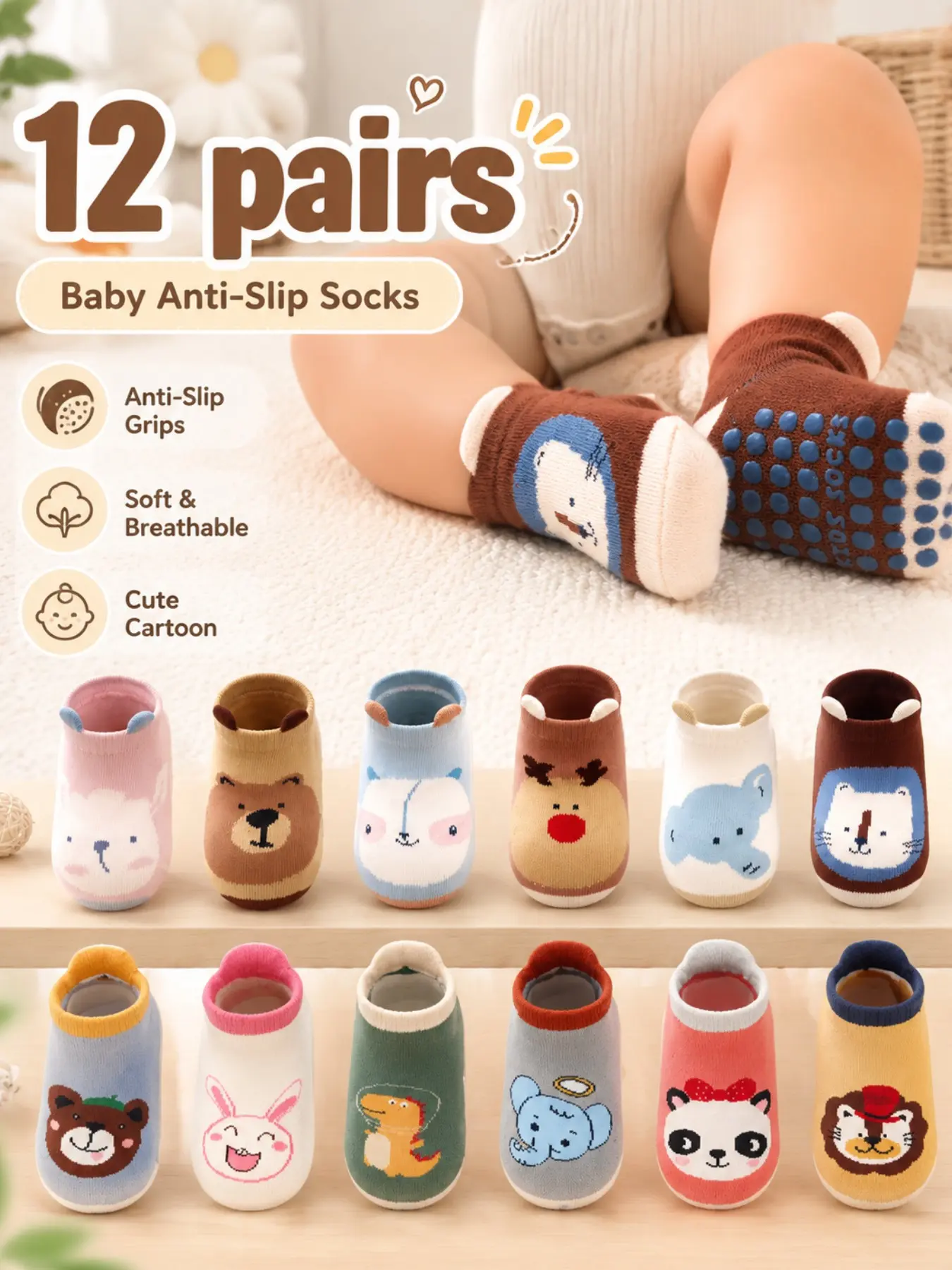 6/12 Pairs,Kids Non-Slip Socks, Cute Socks, Cartoon Print, Silicone Grip, Indoor Floor Protection, Anti-Fall, Learning Walkers, Baby & Toddler