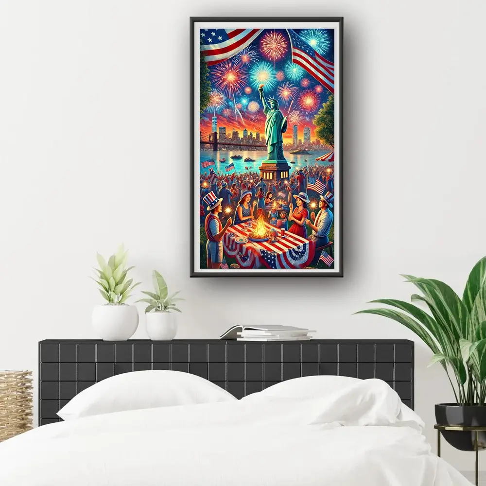 1 Piece 2D Flat Unframed Handmade DIY Diamond Painting Kit American National Day Theme Festival Fireworks City Night View Statue of Liberty Home Decoration Handicraft Lovers Gift
