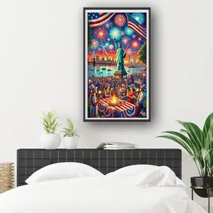 1 Piece 2D Flat Unframed Handmade DIY Diamond Painting Kit American National Day Theme Festival Fireworks City Night View Statue of Liberty Home Decoration Handicraft Lovers Gift
