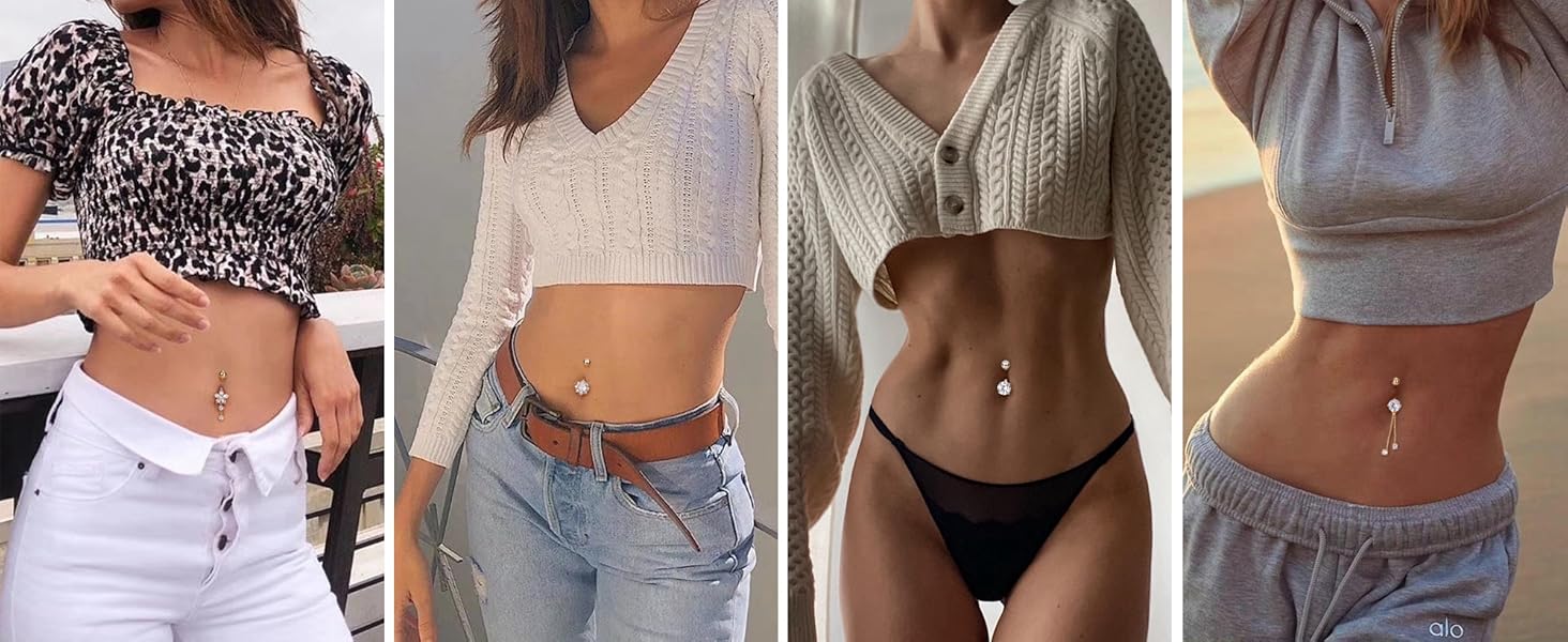 ZELORES 9PCS Surgical Stainless Steel Hypoallergenic Belly Button Rings with Extra Replacement Balls, Trendy Dangle Belly Button Piercing Jewelry for Women, 14G - Silver/Gold/Rose Gold