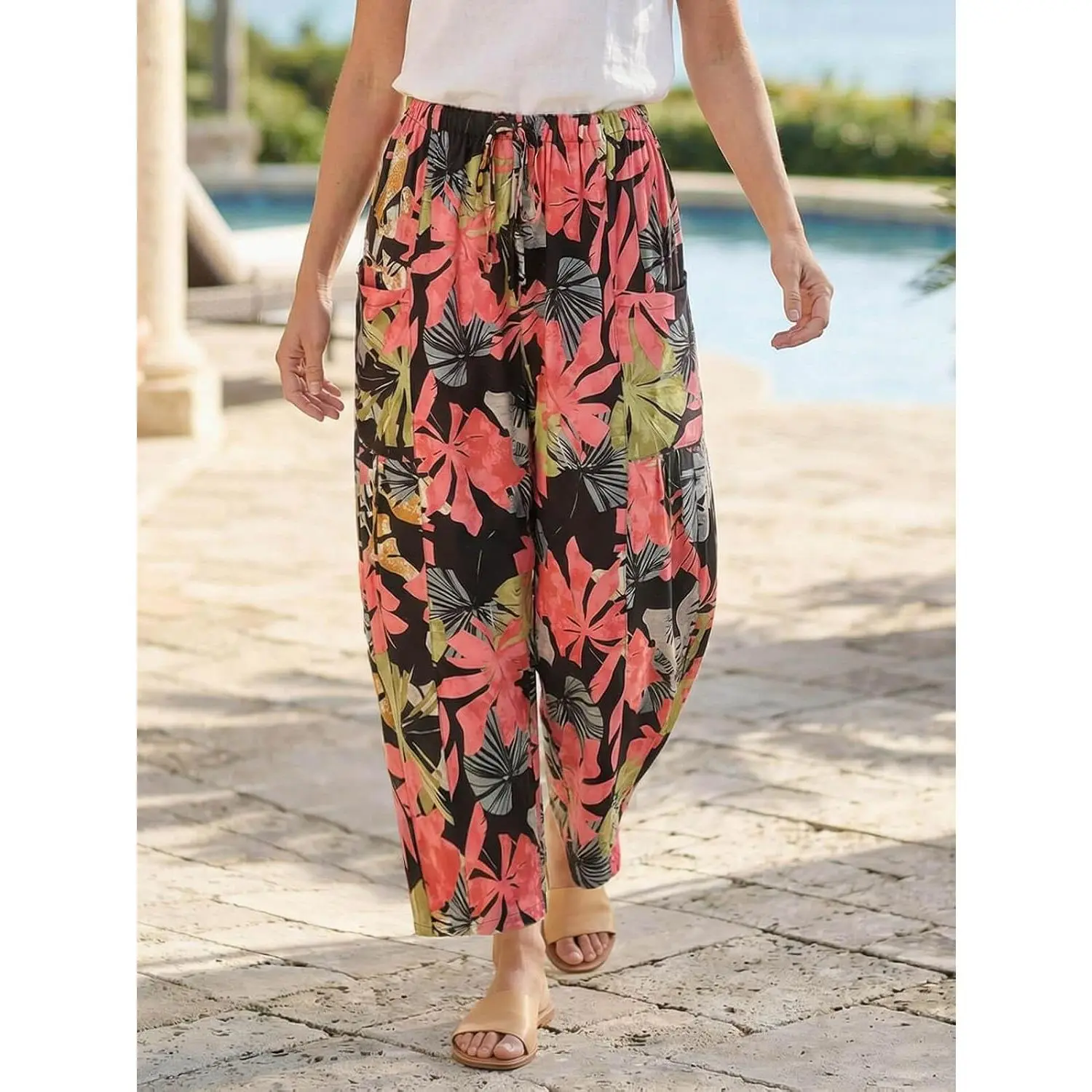 Imily Bela Wide Leg Pants Woman Flowy Floral Palazzo Pants with Pockets | Lightweight Breathable, Elastic Waist, Boho Floral Print, Beach Vacation Flowy, Lounge & Casual Summer Trousers