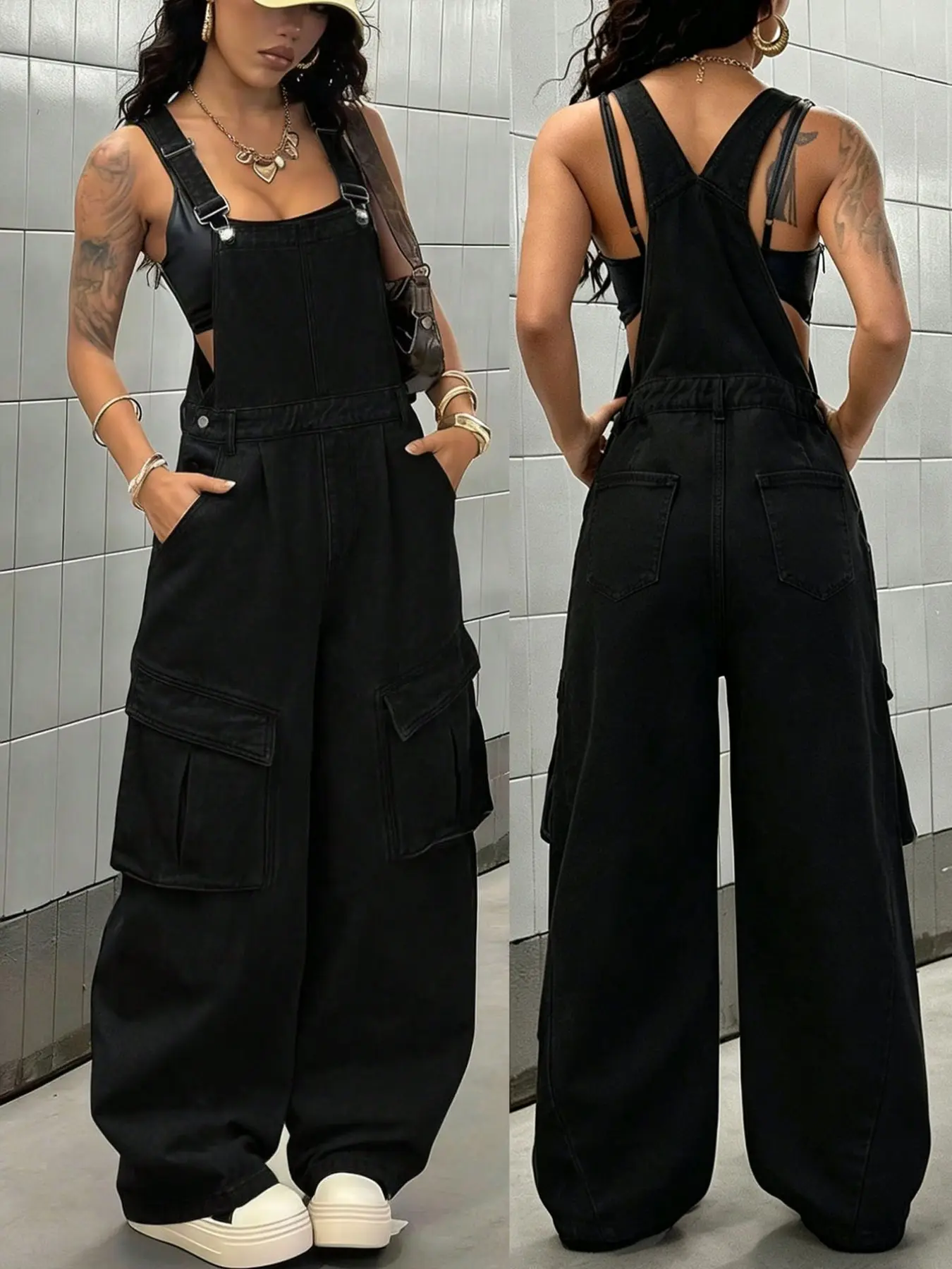 Women's Washed Denim Utility Overalls, High Waist Wide Leg Loose Bodysuit, Street Style Loose Work Pants