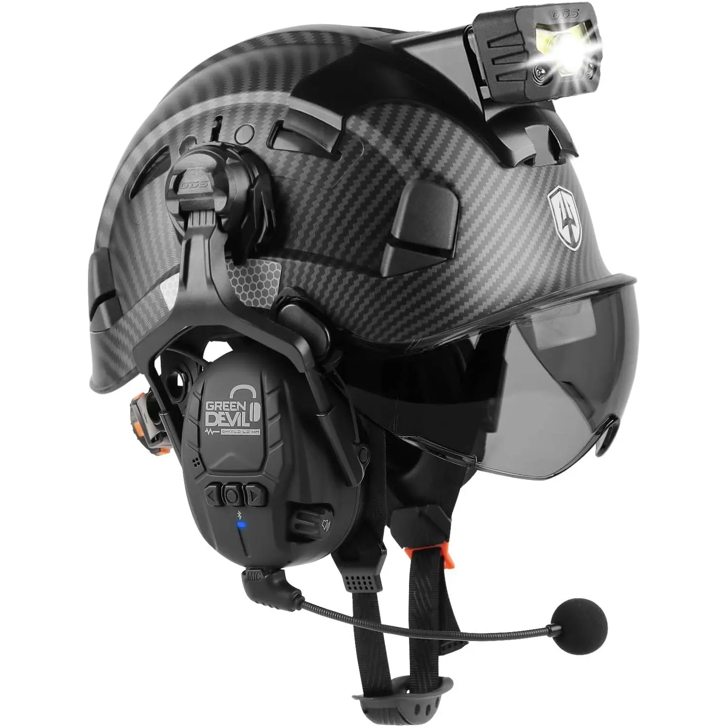 Unisex Multi-Function Hard Helmet, 5-in-1 Safety Helmet with Bluetooth Hands-Free Call, Rechargeable LED Lights, Flip-Up Visor, Sturdy ABS Plastic Vented Shell, 6-Point Suspension, 1000mAh, 53-63cm Adjustable Fit for Outdoor Work, Cycling