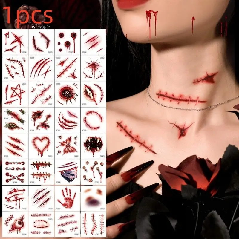 Halloween Scar Temporary Tattoo Stickers, Realistic Bloody Wound Stitch Fake Tattoos, Waterproof Horror Injury Body Stickers for Cosplay Party Makeup Decor
