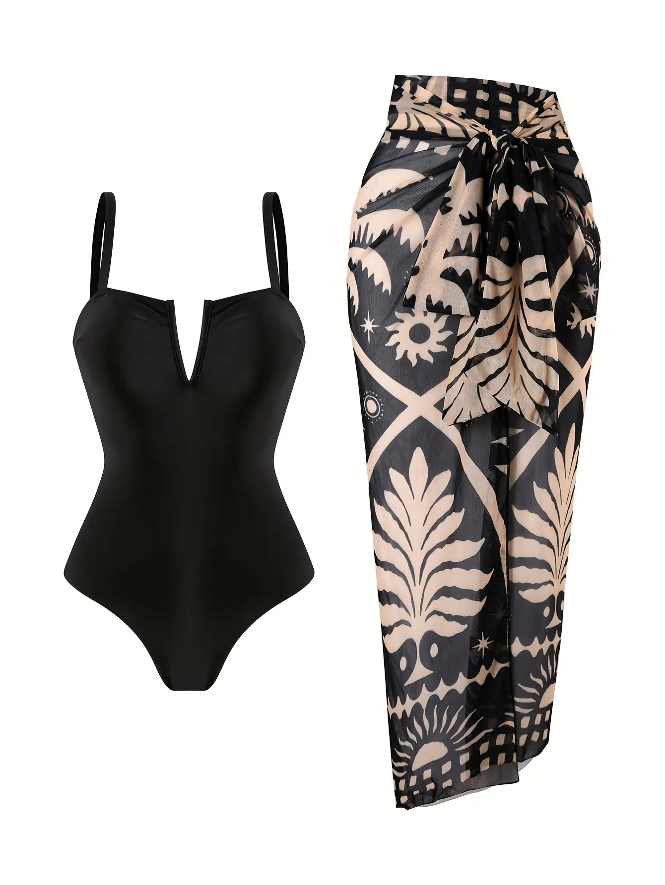 A High-End Black V-Neck One-Piece Swimsuit And A Retro Printed Tulle Cardigan Are Perfect for A Island Vacation
