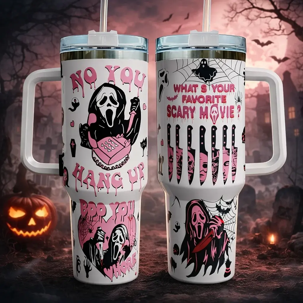 No You Hang Up Tumbler, Horror Movie 40oz Tumbler, Halloween Insulated Cup, Cute Pink Ghostface 40oz Tumbler, Halloween Gift