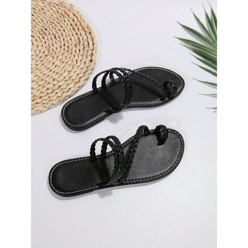 (New)Women's Fashionable Plain Color Ankle Strap Sandals, Casual Comfortable Flat Sandals for Beach Vacation, All-match Barefoot Shoes for Daily Wear, Summer