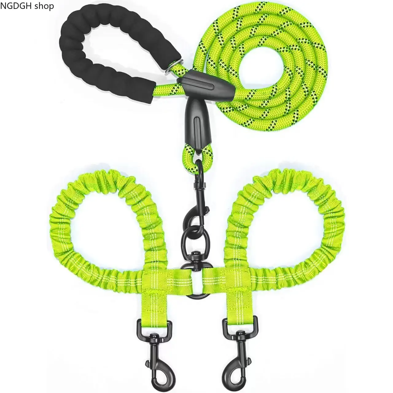 Double Dog Leash - Black Neon Green Bungee Dual Leash with Elastic Sections, Durable Reflective Rope Leash for Two Dogs, Comfortable Hands-Free Walking