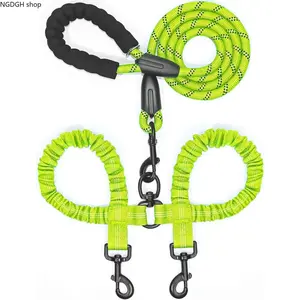Double Dog Leash - Black Neon Green Bungee Dual Leash with Elastic Sections, Durable Reflective Rope Leash for Two Dogs, Comfortable Hands-Free Walking