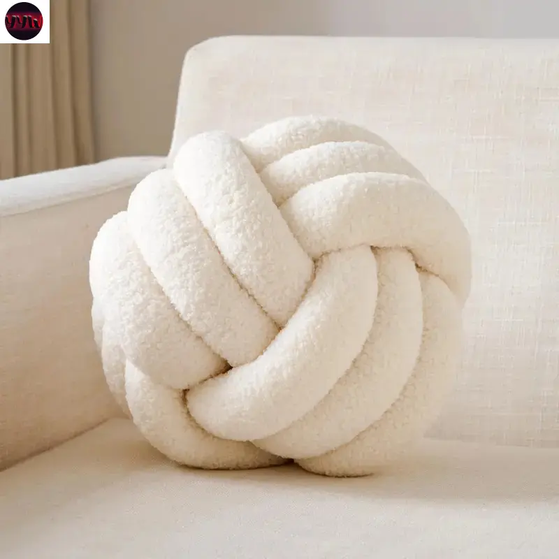 YYW1 Knot Pillow Ball, Decorative Round Throw Pillow, Handmade Knotted Plush Pillow, Round Boucle Pillow Cushion (8.6 Inches Ivory)