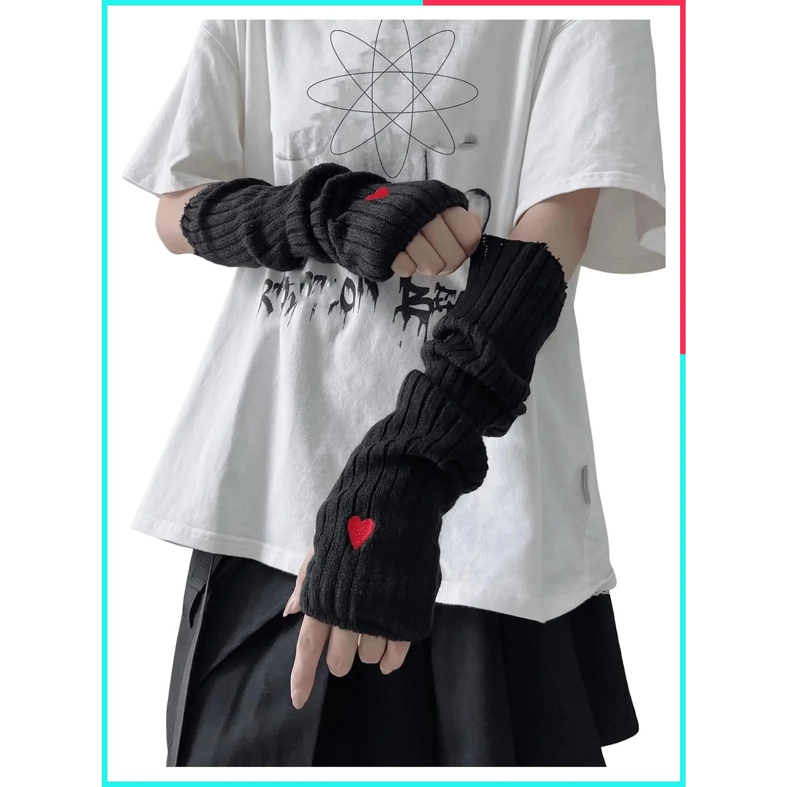 Women's Y2K Heart Knit Arm Warmers Fingerless Gloves, Knit Arm Sleeves