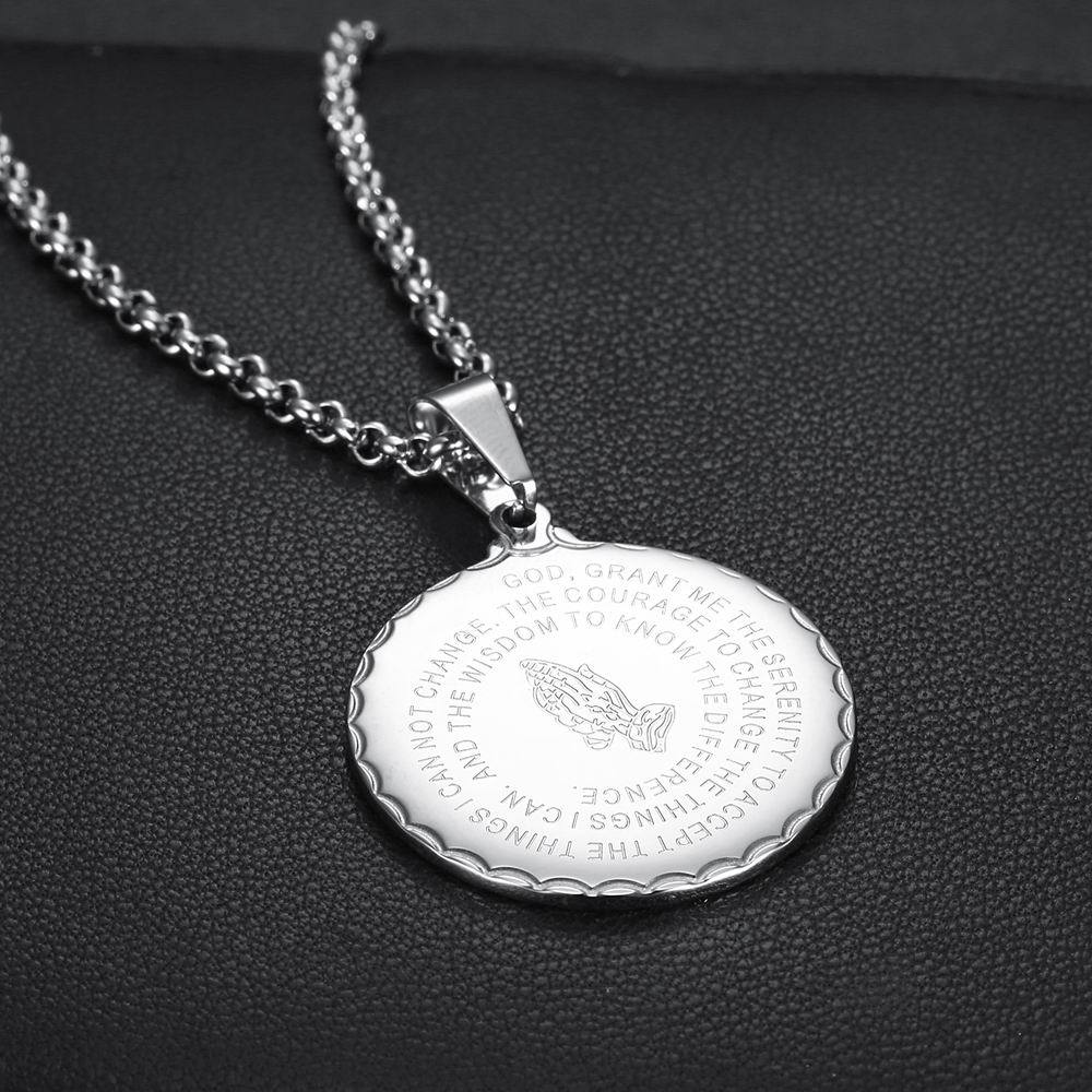 Retro Hip Hop Prayer Hand Pattern Round Pendant Stainless Steel Men's Necklace Jewelry