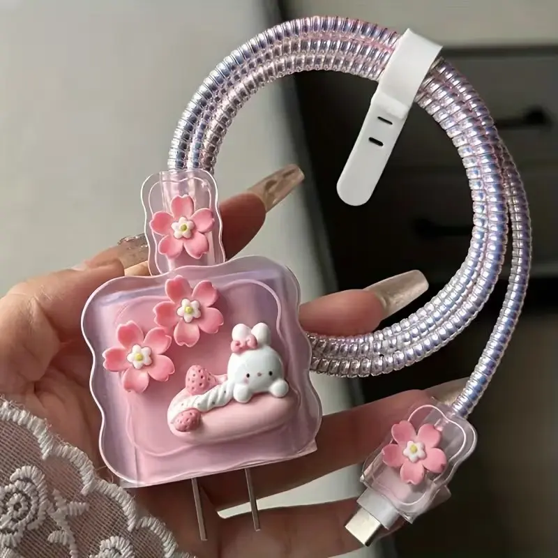 Cute Bunny Pattern iPhone Charger Case, 5-Piece Data Cable Protector Set, 18/20w Fast Charging, Anti-Break Coiling Organizer, Gift for Partner