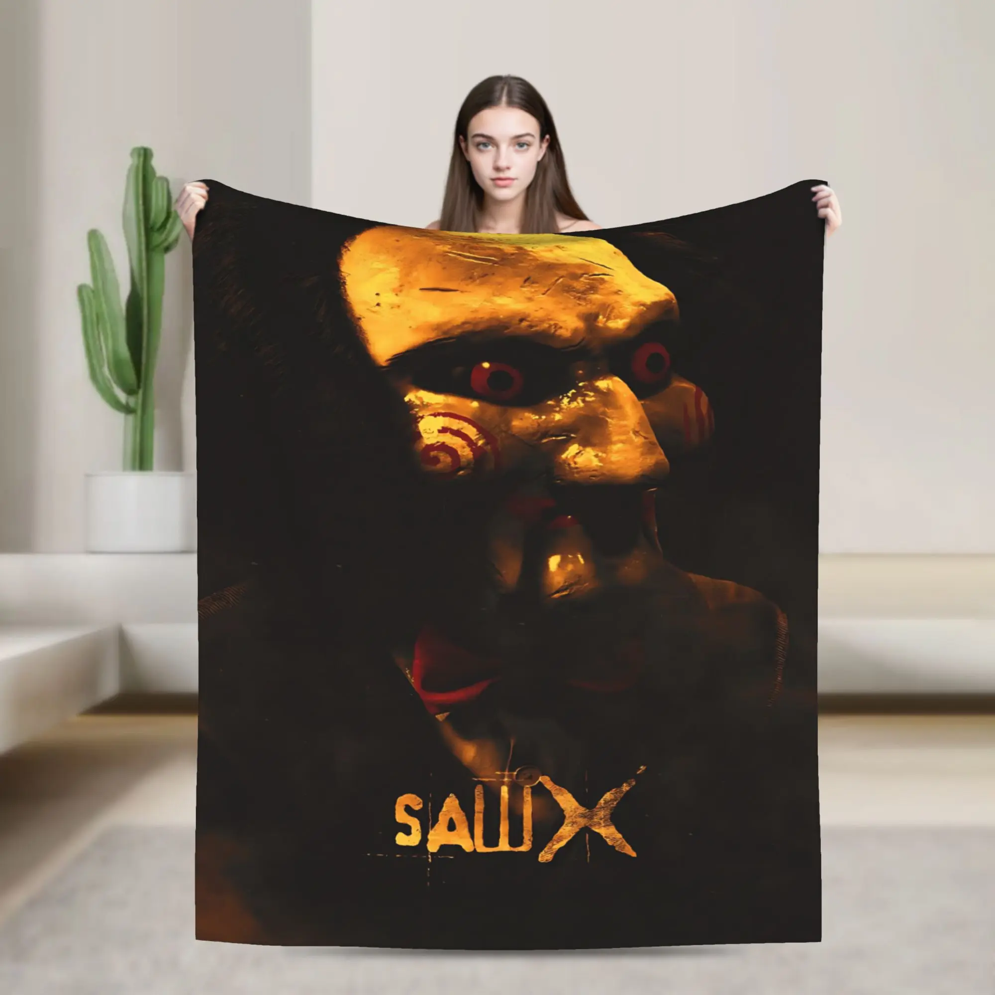 Saw X Billy The Puppet Close Up Flannel Throw Blanket Horror Movie Billy Puppet Golden Tone Portrait Graphic Soft Fleece Blanket Saw Horror Fan Sofa Decor Halloween Gift