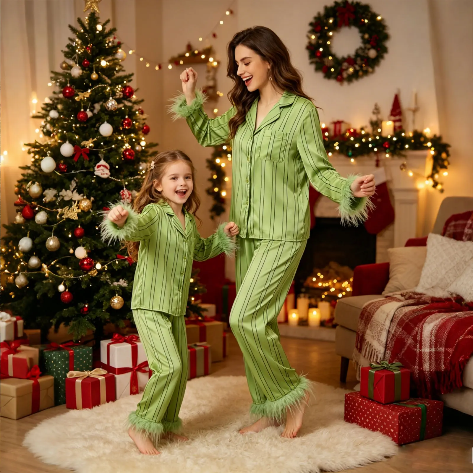 Mommy and Me Matching Striped Pajama Sets Fashionable Lapel V Neck Long Sleeve Button Down Tops with Pants 2Pcs Sleepwear