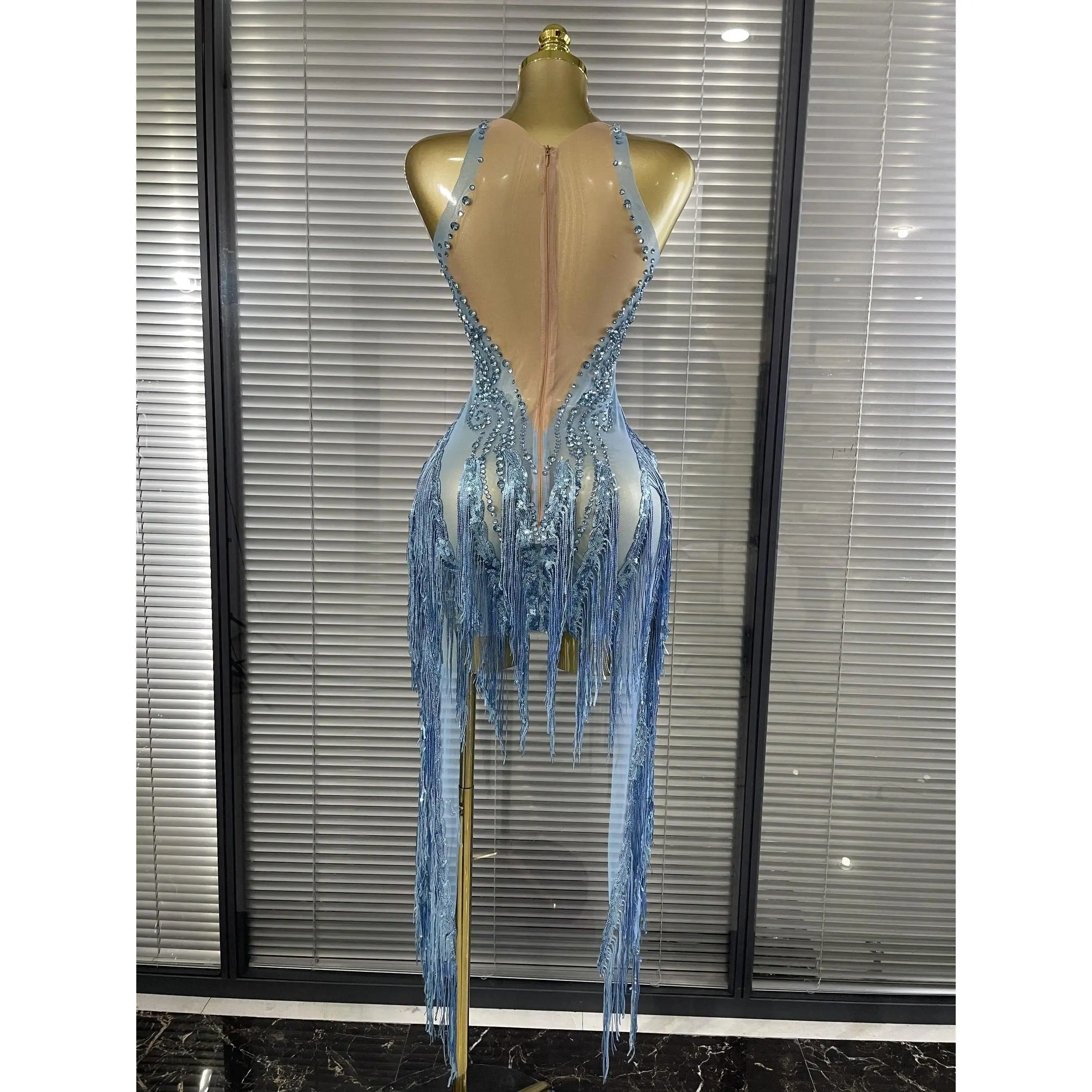 Skyblue Sequins Long Fringes Women Sexy Sleeveless Mesh See Through Bodycon Mini Dress Latin Dance Performance Costumes