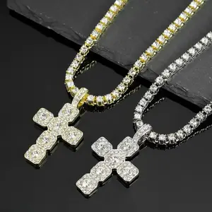 2026 New Iced Out Cross Pendant Necklace, 4mm Rhinestone Tennis Chain Sparkling Hip Hop Punk Jewelry Unisex Gift for Men Women, Chain Jewelry Necklaces, Rhinestone Finish Necklaces