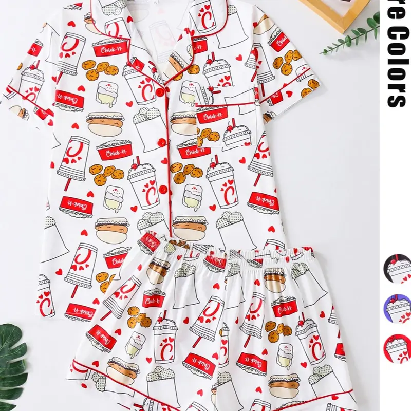 Two-Piece Retro American Style Pajama Set, Cartoon Print, Button Front Short Sleeve Top, Loose Comfortable Shorts, Women's Sleepwear Loungewear, Pjs