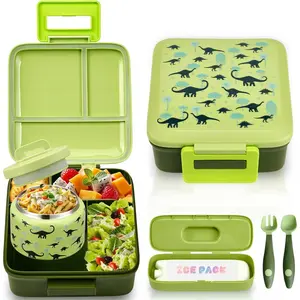 Bento Lunch Box for  with 8oz Soup Thermo Leak-Proof Lunch  Containers with Snack Sauce Container for  Girls Boys to School (Forest Dinosaur)
