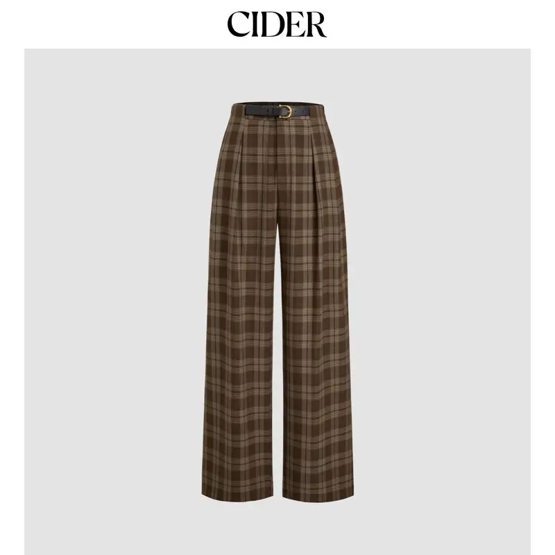 Cider [2 colors, size 2-26] Mid Rise Checks Pocket Wide Leg Trousers With Belt
