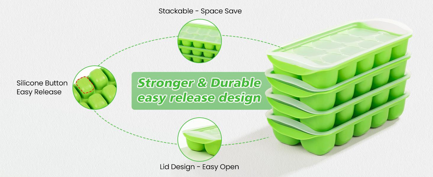 Ice Cube Tray with Lid and Bin - 4 Pack Ice Bucket Kits, Stackable Silicone Ice Trays for Freezer, Easy Pop Out, BPA Free for Cocktail, Coffee, Soup, Food, RV, Kitchen