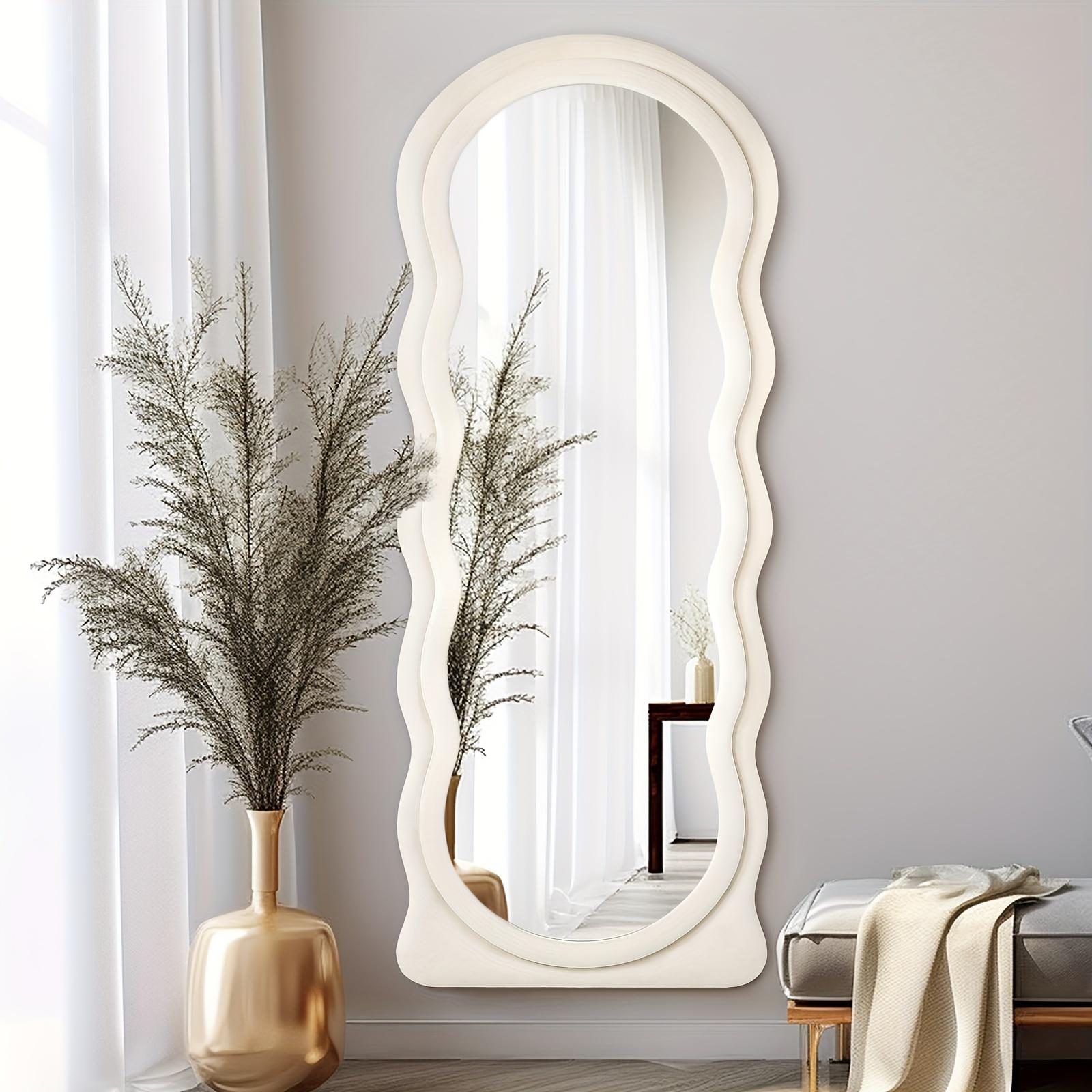 63 "X24" Irregular Wavy Full-Length Mirror Wall Mounted Floor Mirror with Vertical Ivory Flannel Frame Inclined Hanging Wall Mirror for Bedroom
