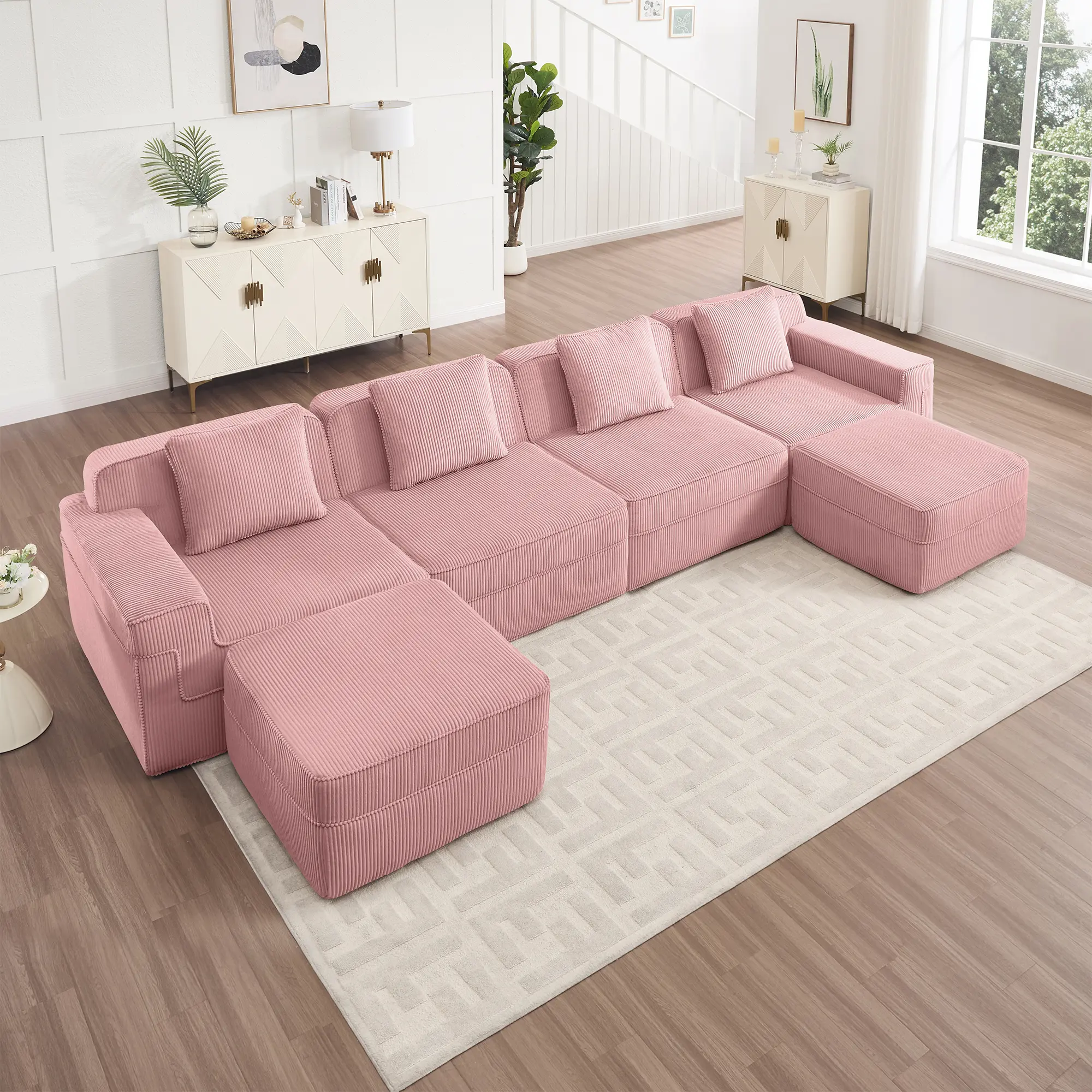 ARCH Modular U Shape Sectional Sofa 4 Seat Cloud Couch with Deep Seat, Modern Boneless Sofa with Throw Pillows and 2 Movable Ottomans, Corduroy Fabric Pink Living Room Furniture Set, Living Room Furniture for Apartment, Lounge, Family Room