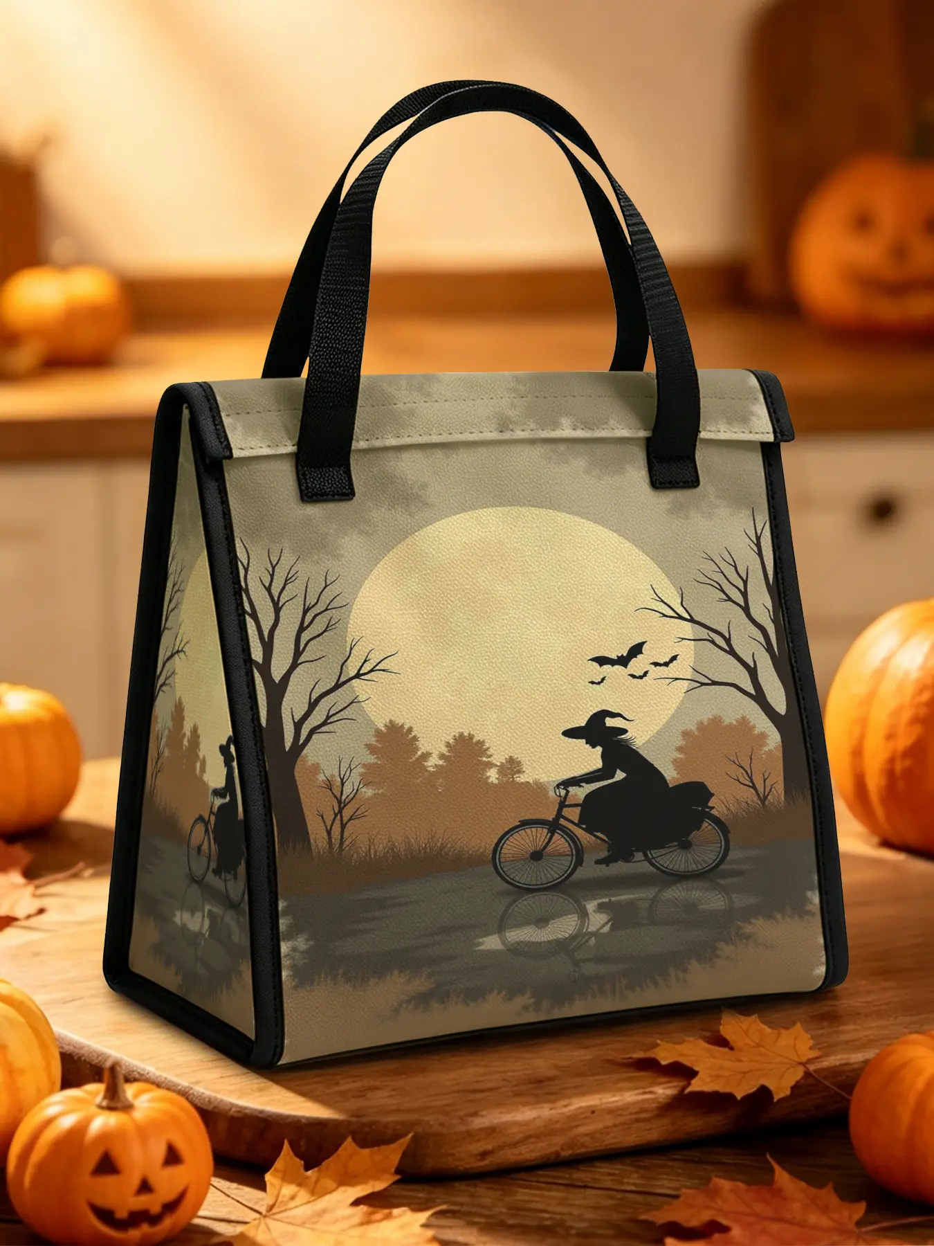 Moon Night Witch Bike Tour Lunch Bag Halloween Theme Lunch Bag Waterproof, Oil proof, Insulated and Cold resistant, Suitable for Office, School, Daily Commuting Use