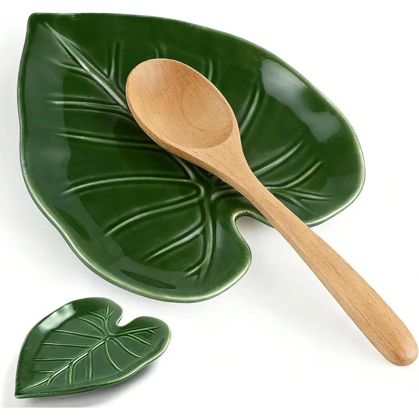 Glossy Stylish Leaf Ceramic Spoon Rest - Cutlery Tableware Utensil Holder, Counter-Cleaning Kitchen Decor, Stove Top & Counter Accessory, Green Gift, Shaped
