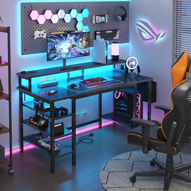 Lufeiya Gaming Desk with LED Lights and Storage Shelves, 47 inch Computer Desk with Power Outlets, Home Office Desk with Monitor Stand, Writing Table PC Desks, Black, Get Free Gift