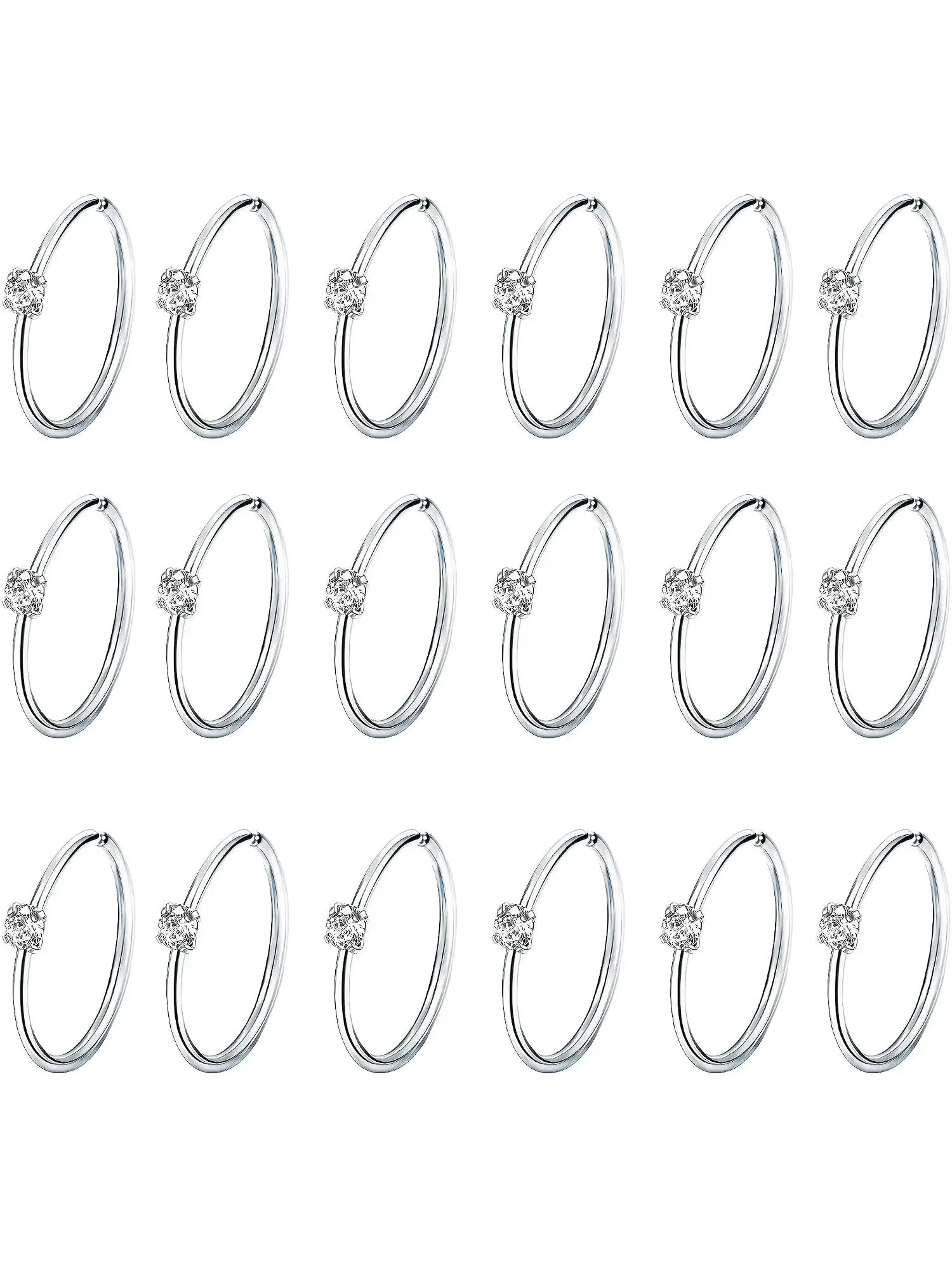 18 Pcs Silvery Finish Sparkle CZ Small Nose Septum Piercing Bundle, Body Jewelry, Stainless Steel Clear CZ Seamless Lock Hoops for Unisex Stacked Ear Styling Adaptable for Daily & Holiday Wear