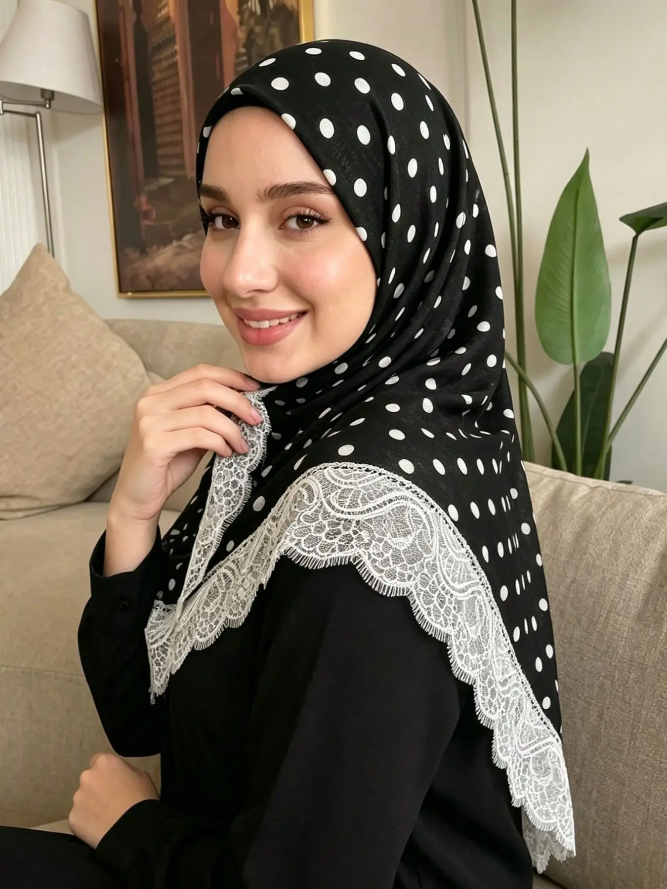 Women's Polka Dot Chiffon Hijab, Lightweight Soft Lace Edge, Casual Modest Daily Wear, Ramadan Eid Birthday Gift for Muslim Women