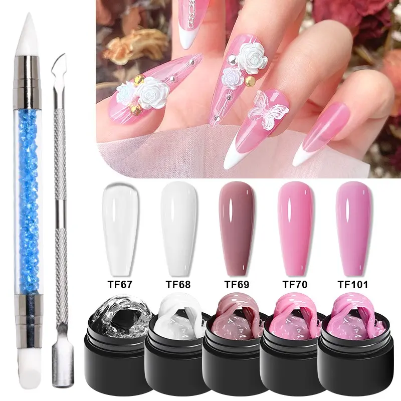 7pcs Solid Builder Nail Poly Gel Set, Non Stick Hand Solid Building Gel with Double Headed Pen, Clear Pink Nudes Builder Nails Gel with Lamp Brush Nails Strengthener Gels for Extension, 5 Nude Color Options for Salon & DIY Use, UV Light Gel