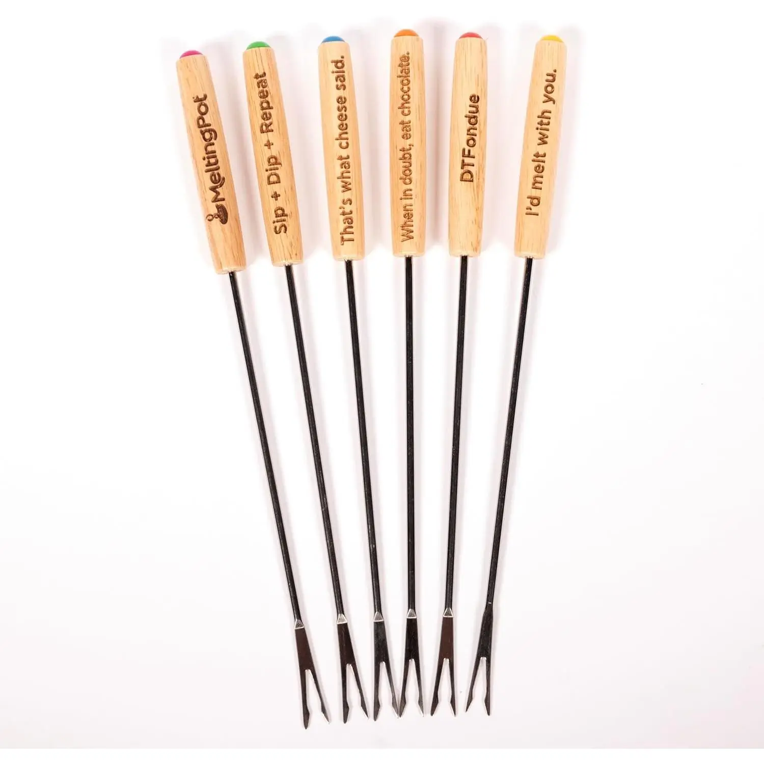 Fondue Forks, 6-Piece Stainless Steel Utensils Set with Color-Coded Wooden Handles, 9.5" for Cheese & Chocolate Parties