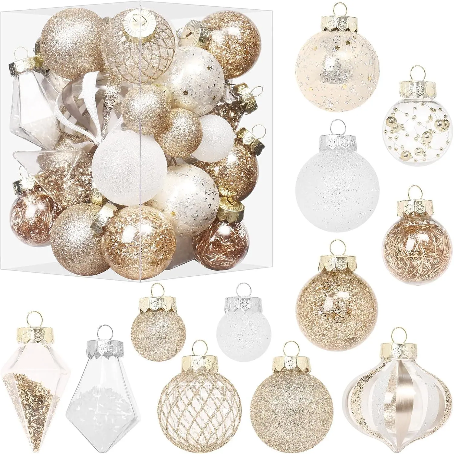 34 count Champagne/White Christmas Ball Ornaments Set for Tree Decor | Clear Plastic Shatterproof Christmas Ornaments for Indoor  Thanksgiving Party Decorations