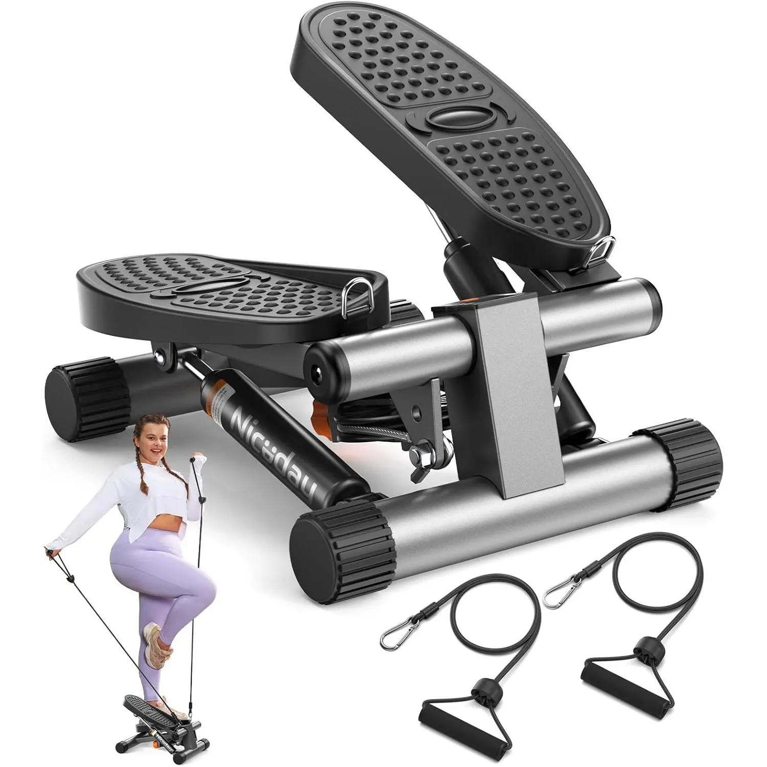 Steppers for Exercise, Stair Stepper with Resistance Bands, Mini Stepper with 300LBS Loading Capacity, Hydraulic Fitness Stepper with LCD Monitor