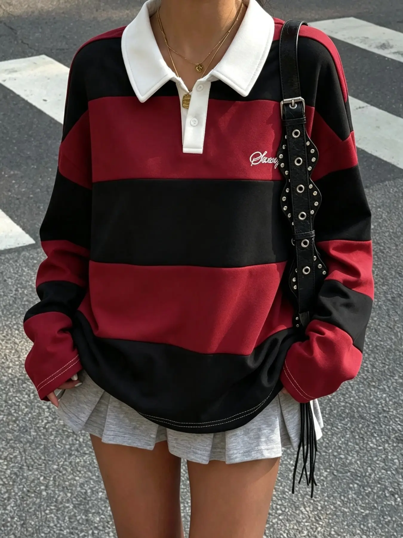Unisex Spring Graphic Long Sleeve Polo Shirt, Loose Contrast Stripe Collared Top, Vintage Embroidered Y2K Oversized Streetwear, Cute Preppy Outfit for School Travel Daily Wear, Trendy Aesthetic for Women Men