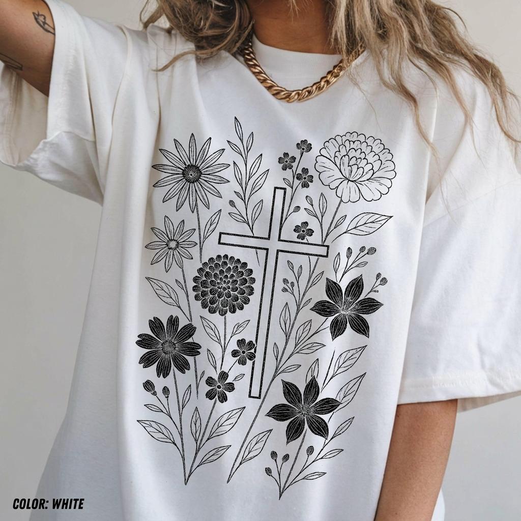 Christian Cross Shirt, Floral Faith Tee, Boho Jesus Shirt, Religious Gift for Women, Vintage Aesthetic Cross T-Shirt, Christian Easter Shirt