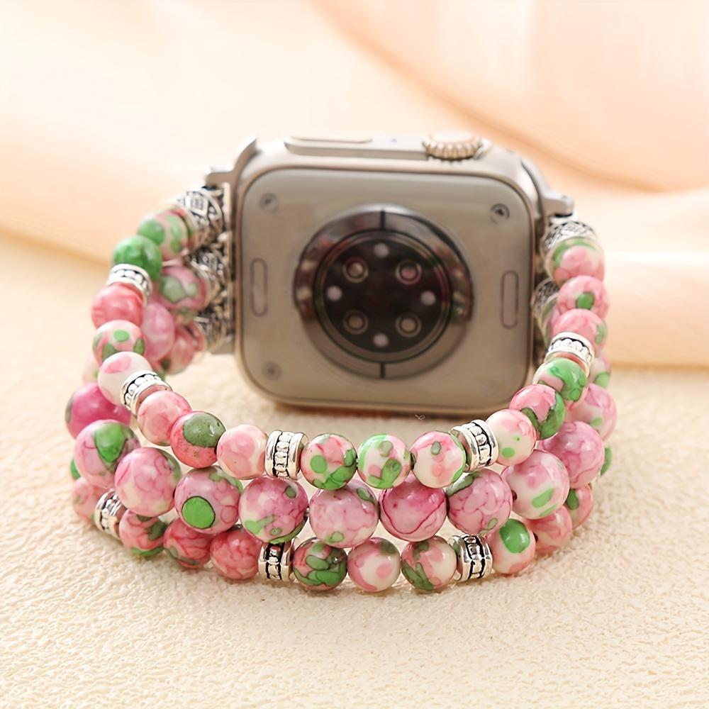 Bohemian-Style Pink Rainbow Jade Bead Apple Watch Band — Women's Elastic Crystal Beaded Wristband, Compatible with 38mm–41mm iWatch Series 10/9/8/7/6/SE/3/2/1