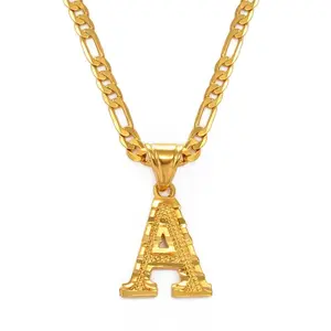 Anniyo A-Z Letters Pendant Necklaces for Women Men Girls English Initial Alphabet Figaro Chains Gold Color Jewelry #058002S