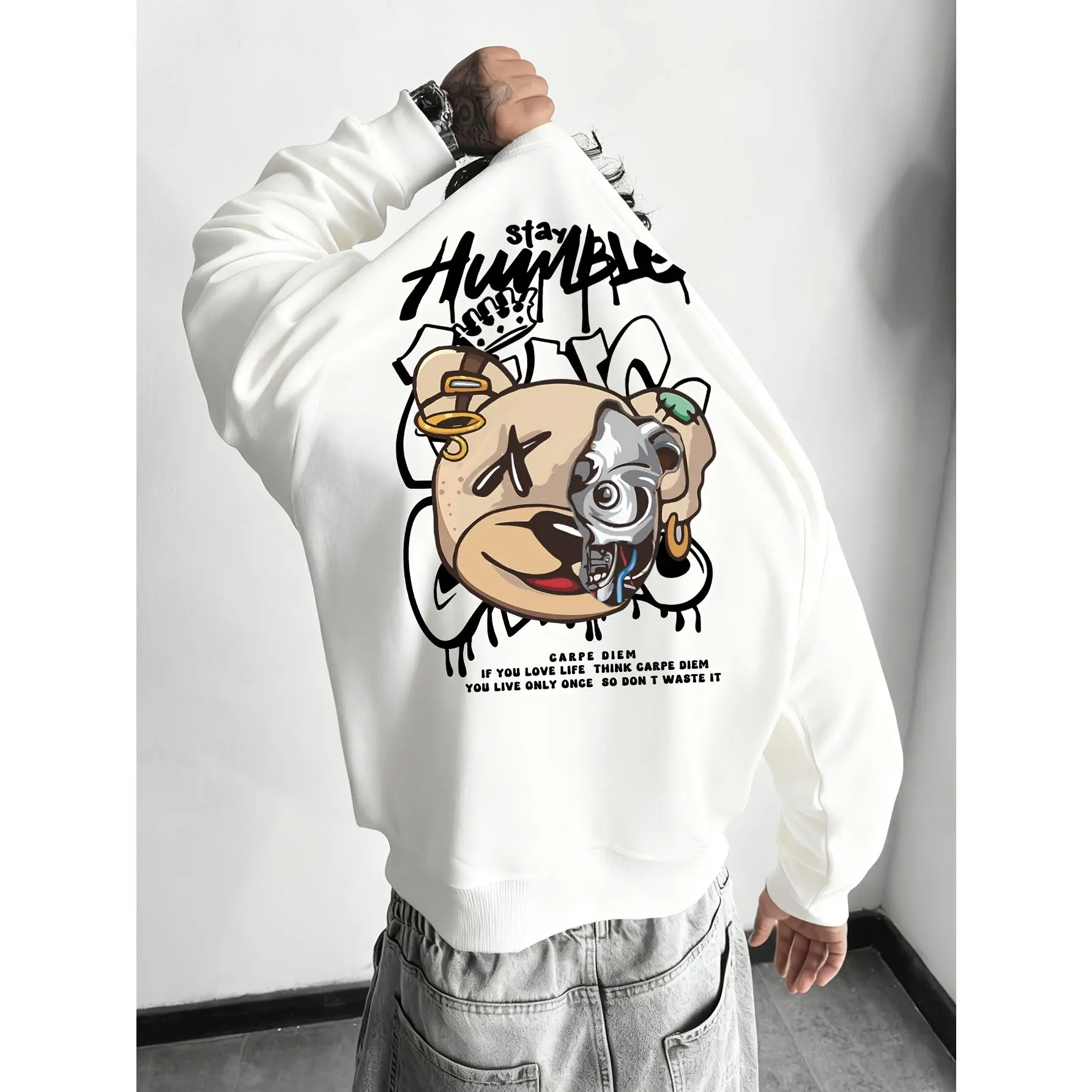 European and American adult street style fun anime graffiti mechanical bear head print crew neck sweatshirt