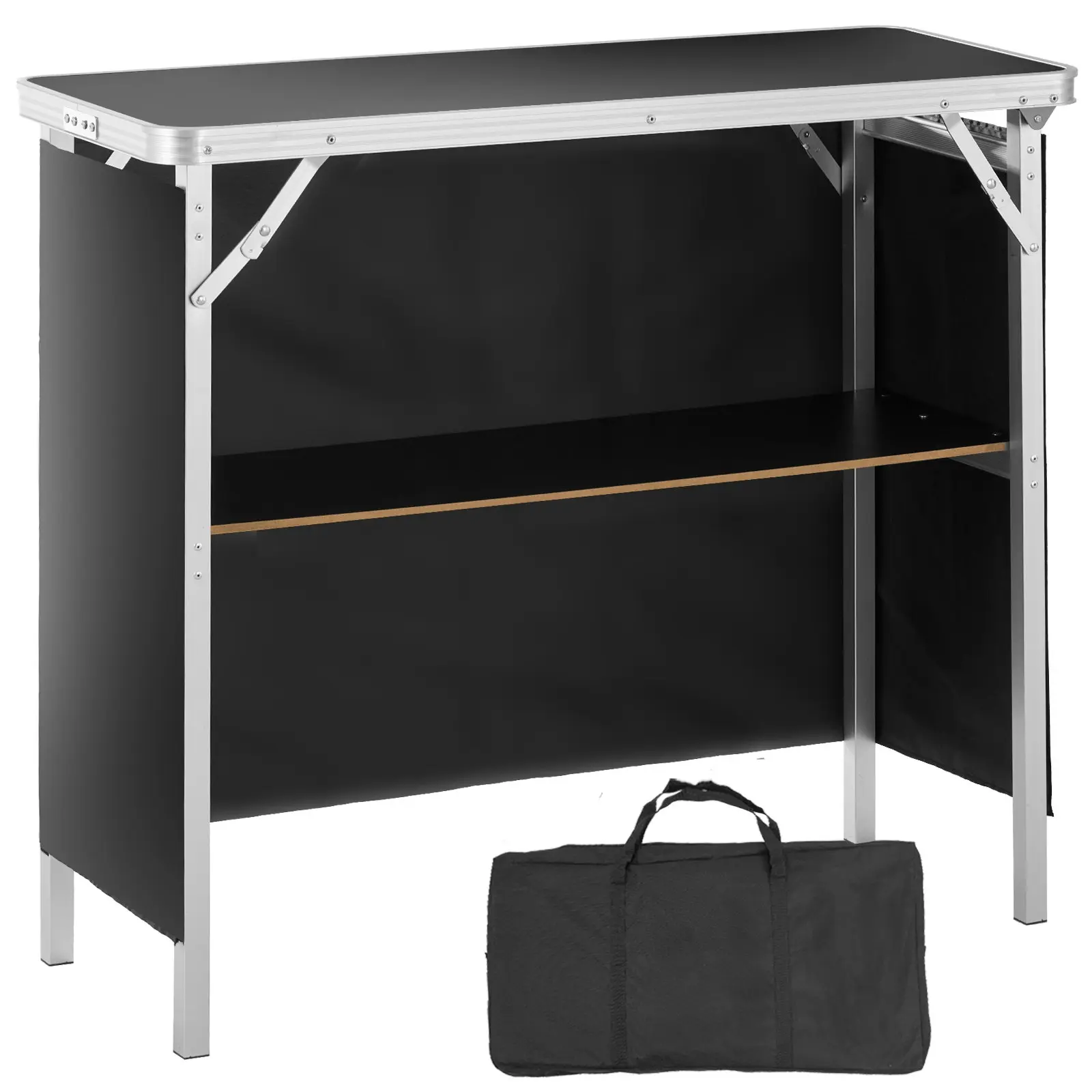 【toolupgrade】VEVOR Folding Portable Bar Table - 38.39" Wide Indoor/Outdoor Tradeshow Podium with Carrying Case, Storage Shelf, Black Skirt, 15.16" D x 34.25" H
