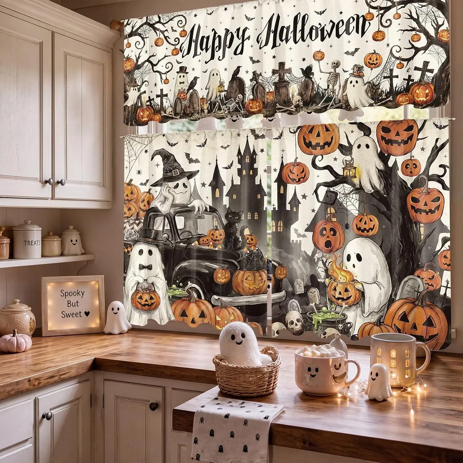 3 Pcs Vintage Halloween Kitchen Curtains Valances and Tiers Set for Windows Ghost Pumpkin Skeleton Haunted House Spooky Decor Short Curtain Set for Bedroom Window Party Favor Supplies