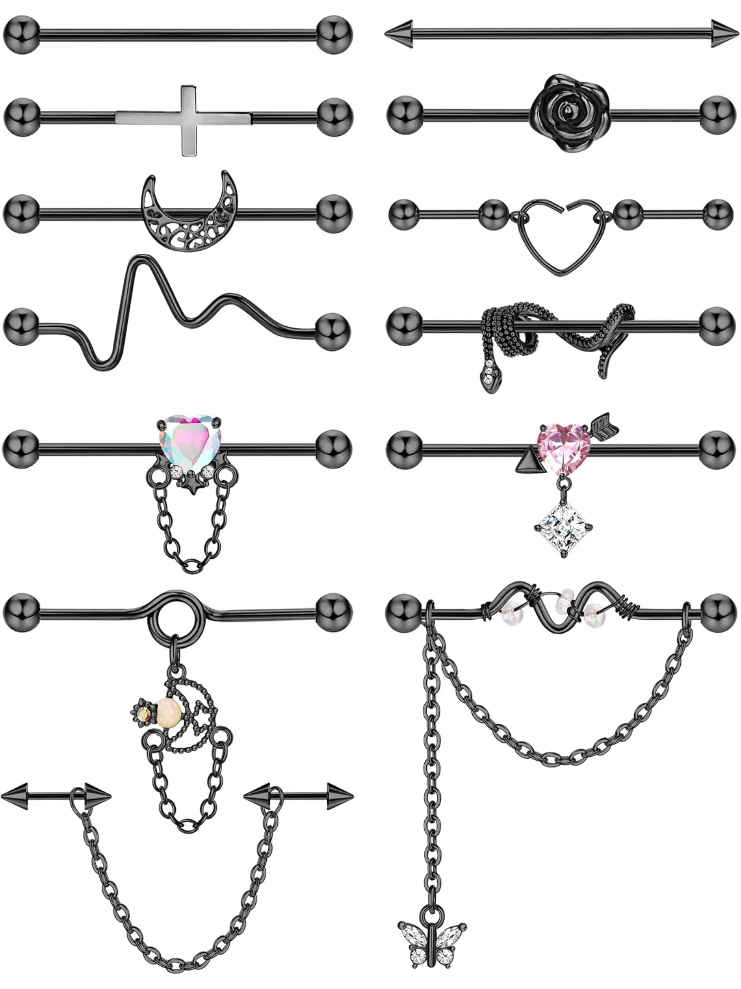 13 Pcs Industrial Piercing Jewelry Surgical Steel 14G Industrial Earrings Barbell with Chain Snake Moon Cartilage Helix Piercing Earrings Industrial Bar Jewelry for Women Men