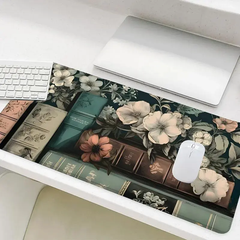 Floral & Book Pattern Mouse Pad, Rectangle Gaming Mouse Pad, Non-Slip Mousepad, Office Desk Keyboard Mouse Mat for Home Office Game Room Computer Desk, Office Desk Accessories