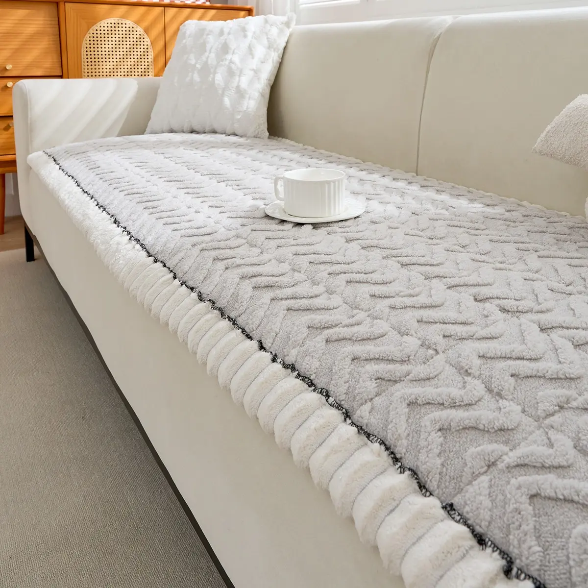Wave Design Sofa Pad, European Minimalist Style, All-Seasons, Pet-Friendly, Non-Slip Bottom, Furniture Protector, Home Office Decor