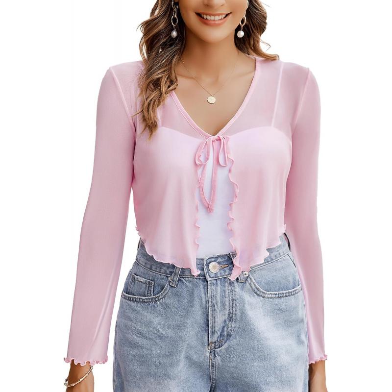 Womens Sheer Shrug Tie Front Long Bell Sleeve Mesh Bolero Lightweight Summer Casual Short Shawl Top