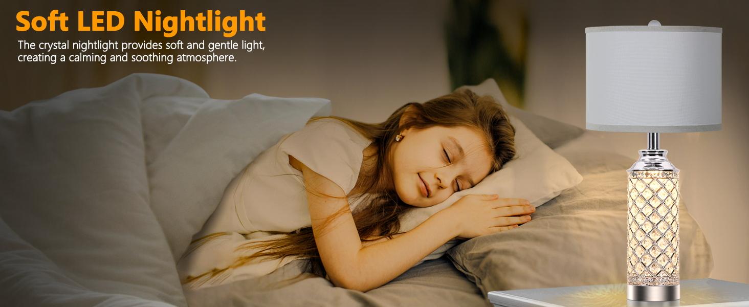 Table Lamps Set of 2 with LED Night Light, Nightstand Lamps with USB A+C Charging Ports, 24 inch Silver Crystal Bedside Lamps for Livingroom, Office, Study Room, Guest Room