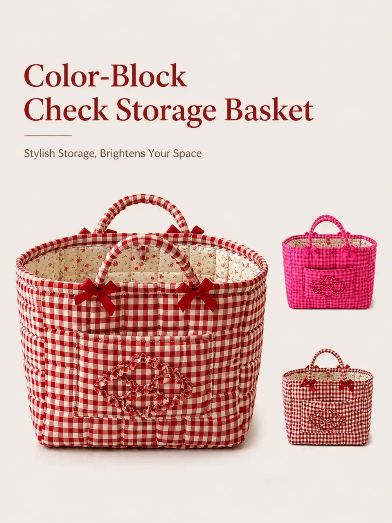 Large Grid Storage Basket with Handle, Embroidered Design, Washable Thick Fabric, Multi-Functional Organizer for Clothes, Bedding, Office Supplies, Cosmetics, Outdoor Travel, Picnic, Decorative Basket