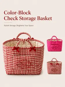 Large Grid Storage Basket with Handle, Embroidered Design, Washable Thick Fabric, Multi-Functional Organizer for Clothes, Bedding, Office Supplies, Cosmetics, Outdoor Travel, Picnic